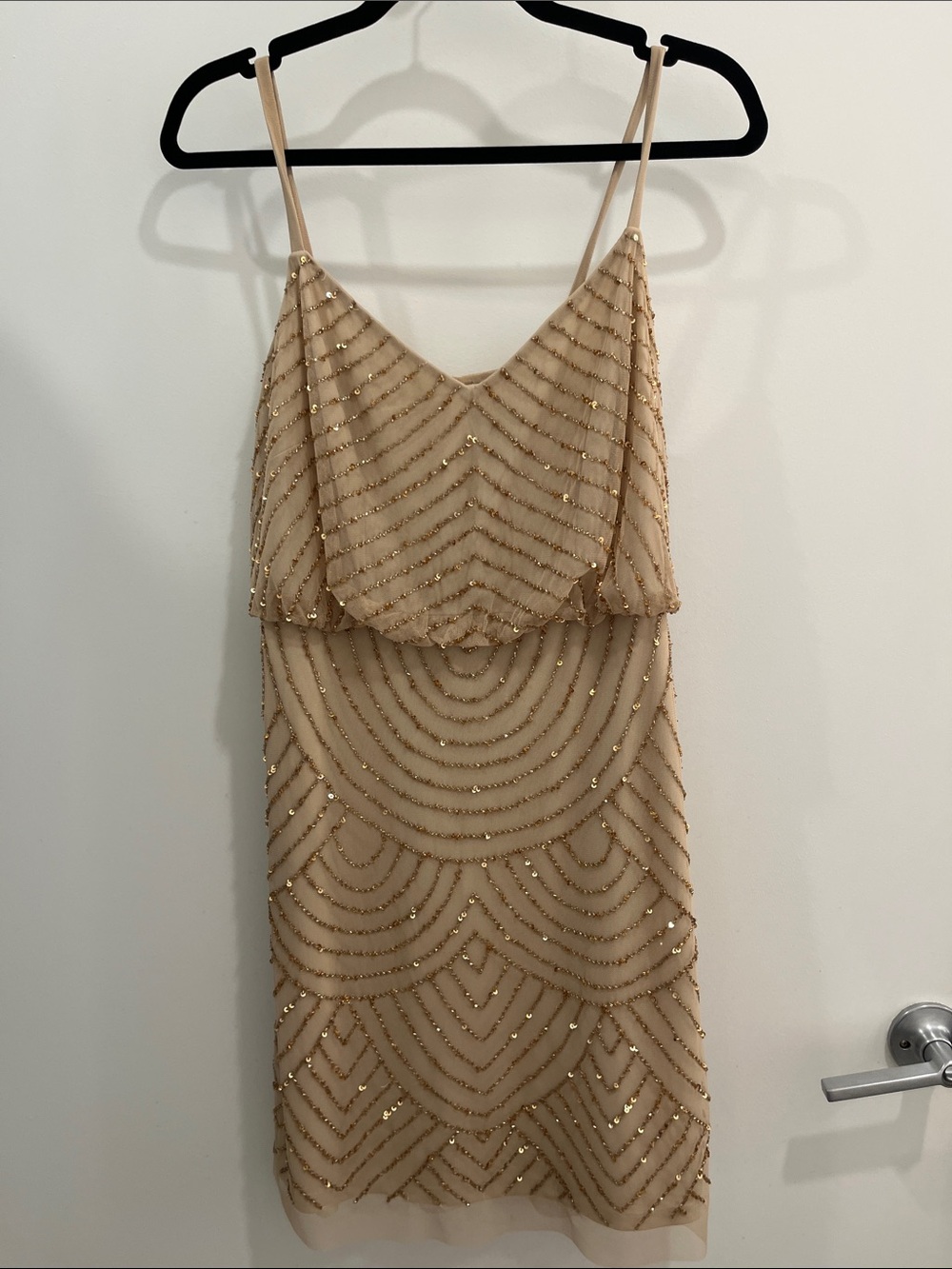 Adrianna Papell Gold Beaded Nude Mini Dress- size 4